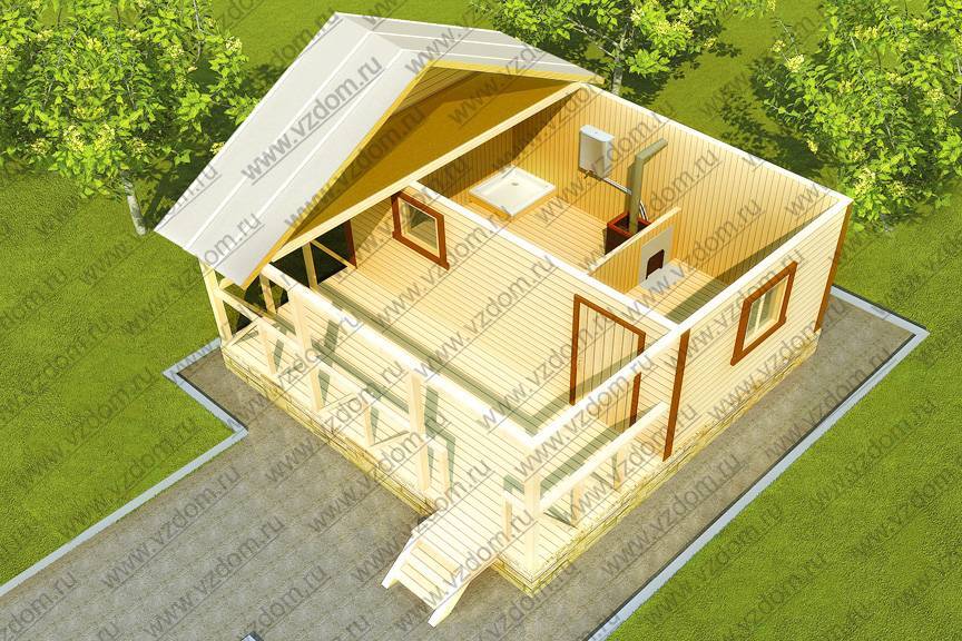 № 01-20. Баня семейная 5,0 х 5,0 м с боковой террасой