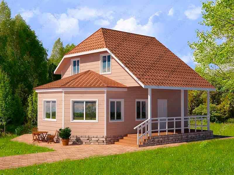 № 04-90. Каркасный дом 6х7 с эркером и террасой