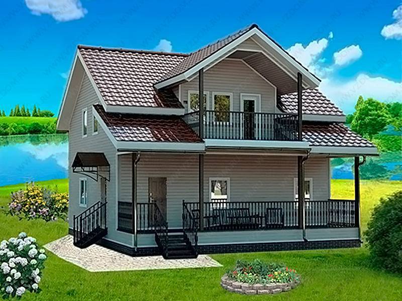 № 13-71. Каркасный дом 8х10.5 с террасой и балконом