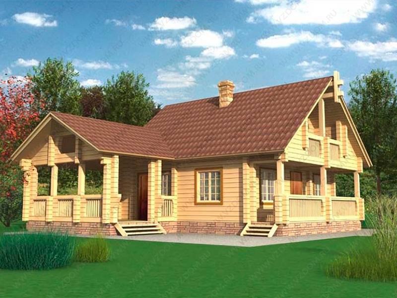 № 12-90. Дом из бруса 8х9,5 с двумя террасами и лоджией