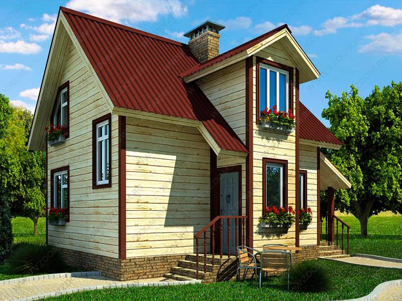 № 05-90. Дом из бруса 6х8 с прямоугольным эркером и террасой